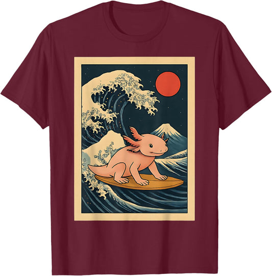 Japanese Kanagawa Surfing Axolotl Funny Ocean Wave Art T-Shirt - T-Shirt | Maroon