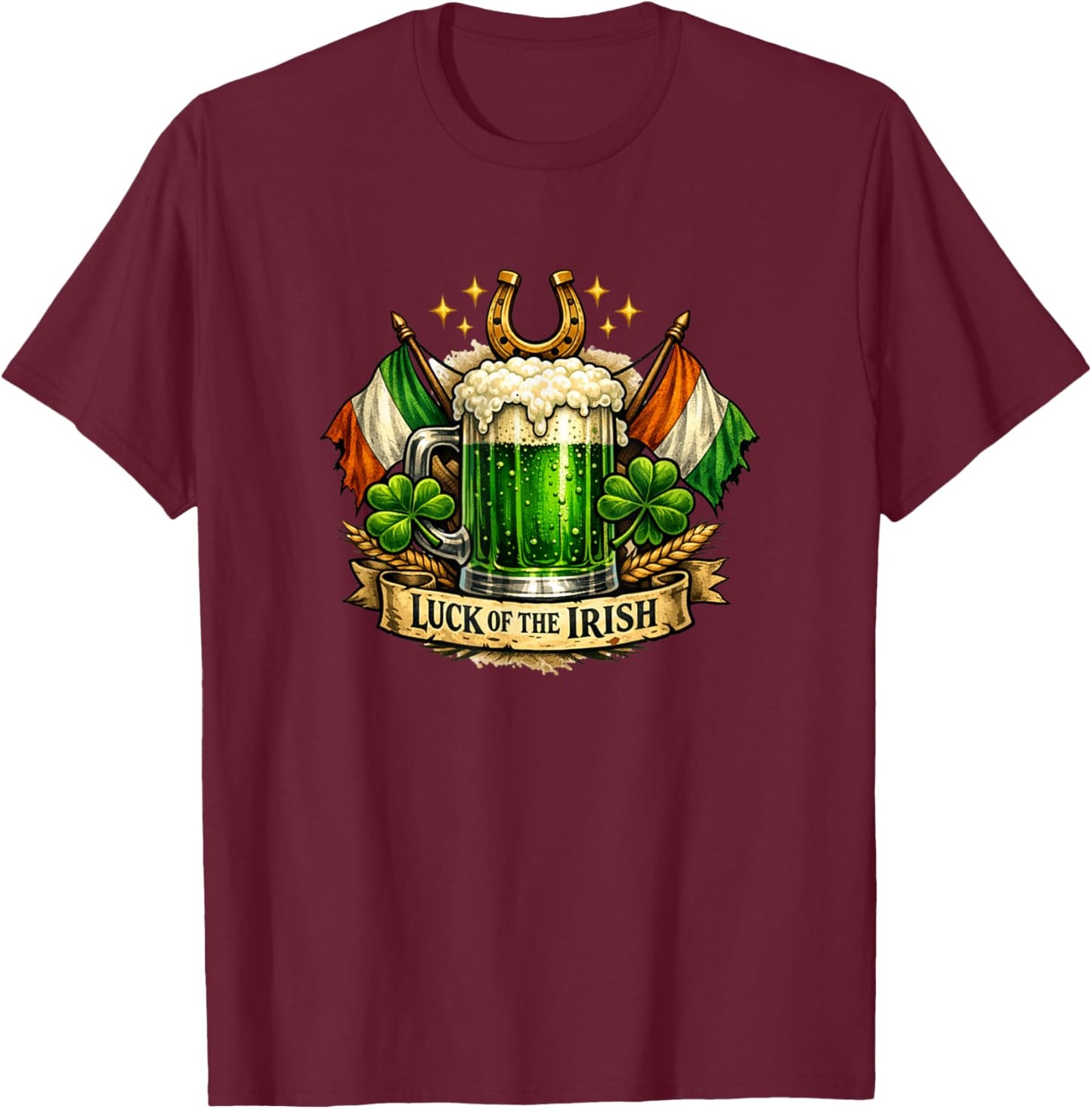 Luck of The Irish Green Beer Mug Saint Patricks Day Fun T-Shirt - T-Shirt | Maroon