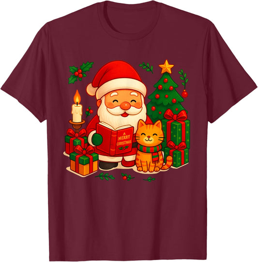 Santa Reading Book Cute Cat Christmas Xmas Women Girls Kids T-Shirt - T-Shirt | Maroon