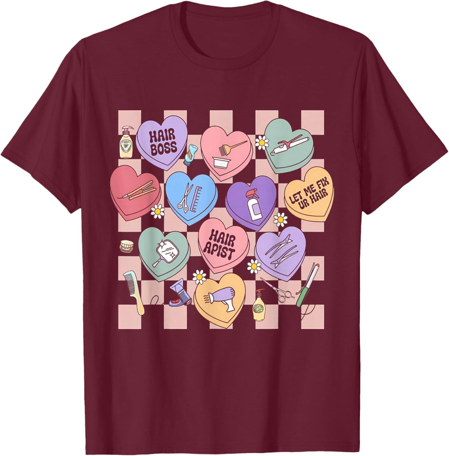 Checkered Hairstylist Heart Candy Valentines Hairdresser T-Shirt - T-Shirt | Maroon