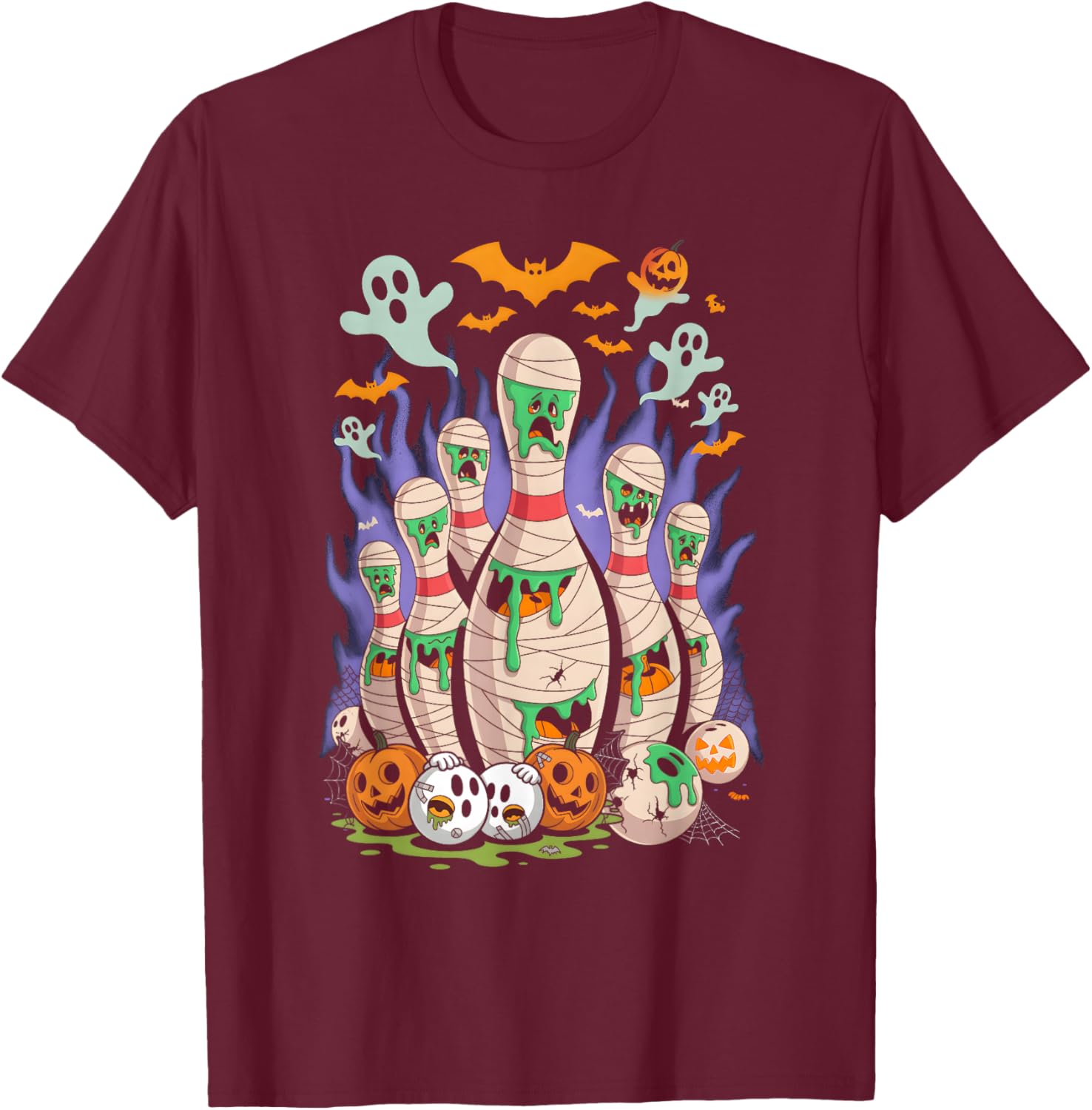 Cartoon Bowling Scared Bowling Pins Sport Bowler Halloween T-Shirt - T-Shirt | Maroon
