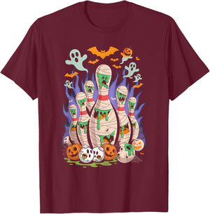 Cartoon Bowling Scared Bowling Pins Sport Bowler Halloween T-Shirt - T-Shirt | Maroon