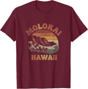 Retro Molokai Hawaii Drawing Art Hawaiian Design T-Shirt - T-Shirt | Maroon