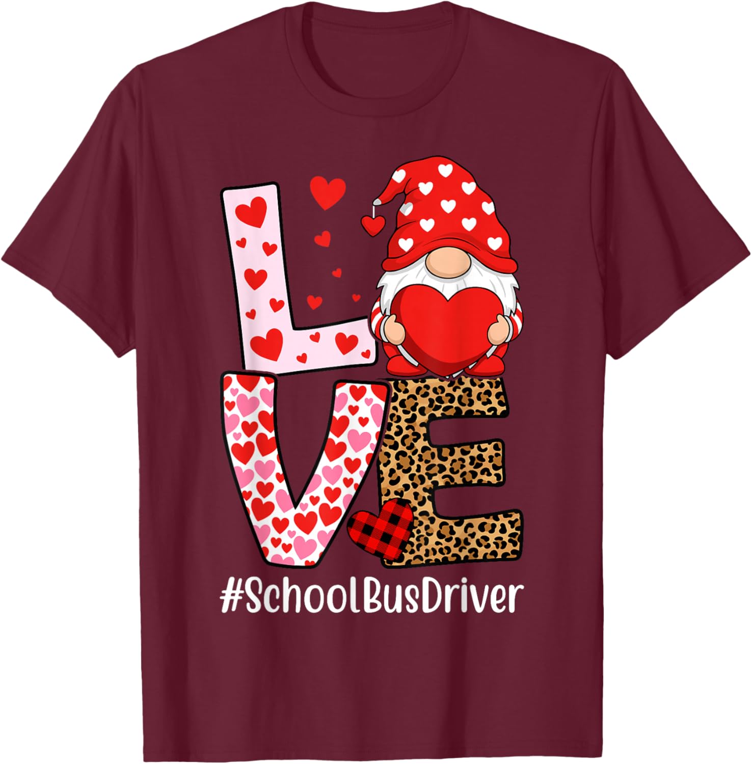 School Bus Driver Love Gnome Heart Valentine's Day T-Shirt - T-Shirt | Maroon