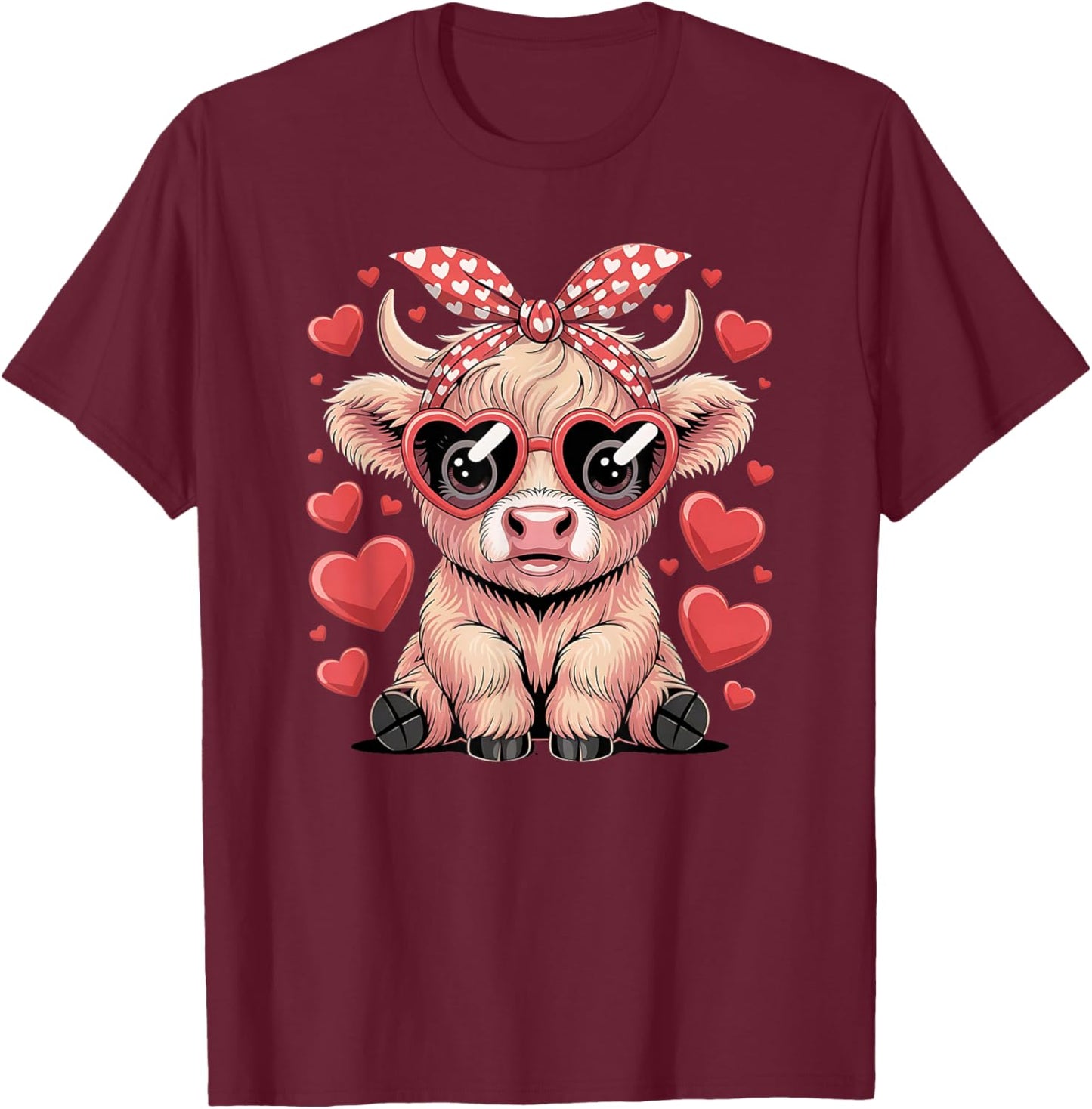 Highland Cow Valentines Day Funny Heart Sunglasses Bandana T-Shirt - T-Shirt | Maroon