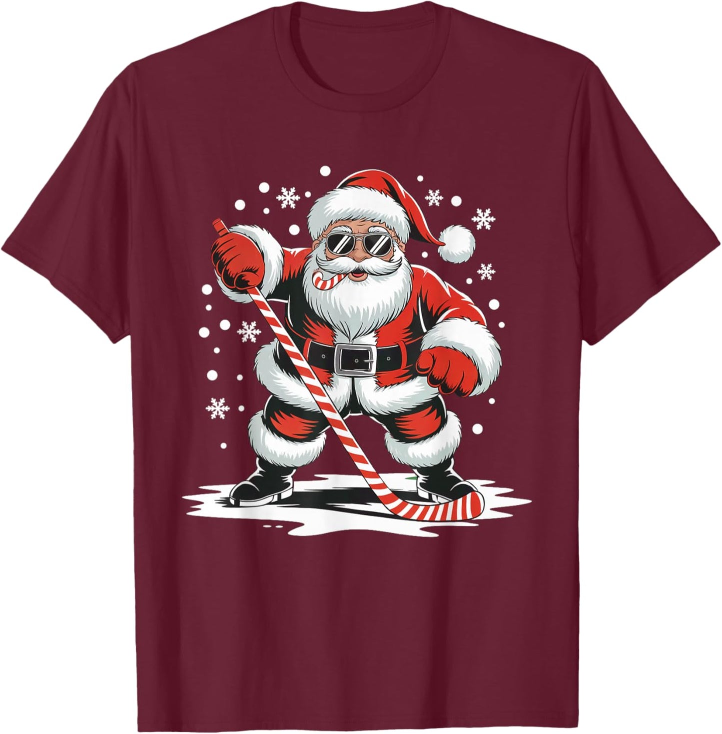Hockey Christmas Santa Playing Sport Skating Candy Cane Fun T-Shirt - T-Shirt | Maroon