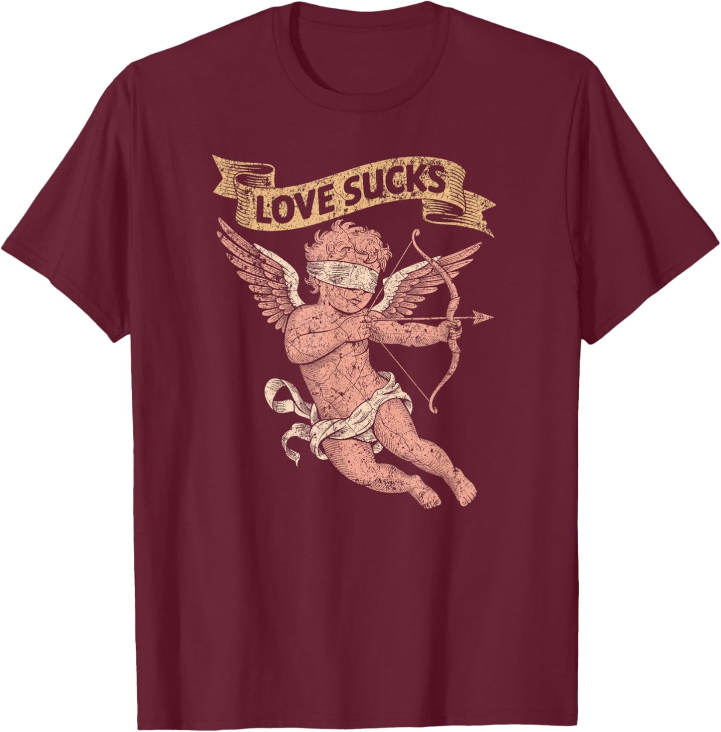 Love Sucks Blind Faded Cupid Singles Design T-Shirt - T-Shirt | Maroon