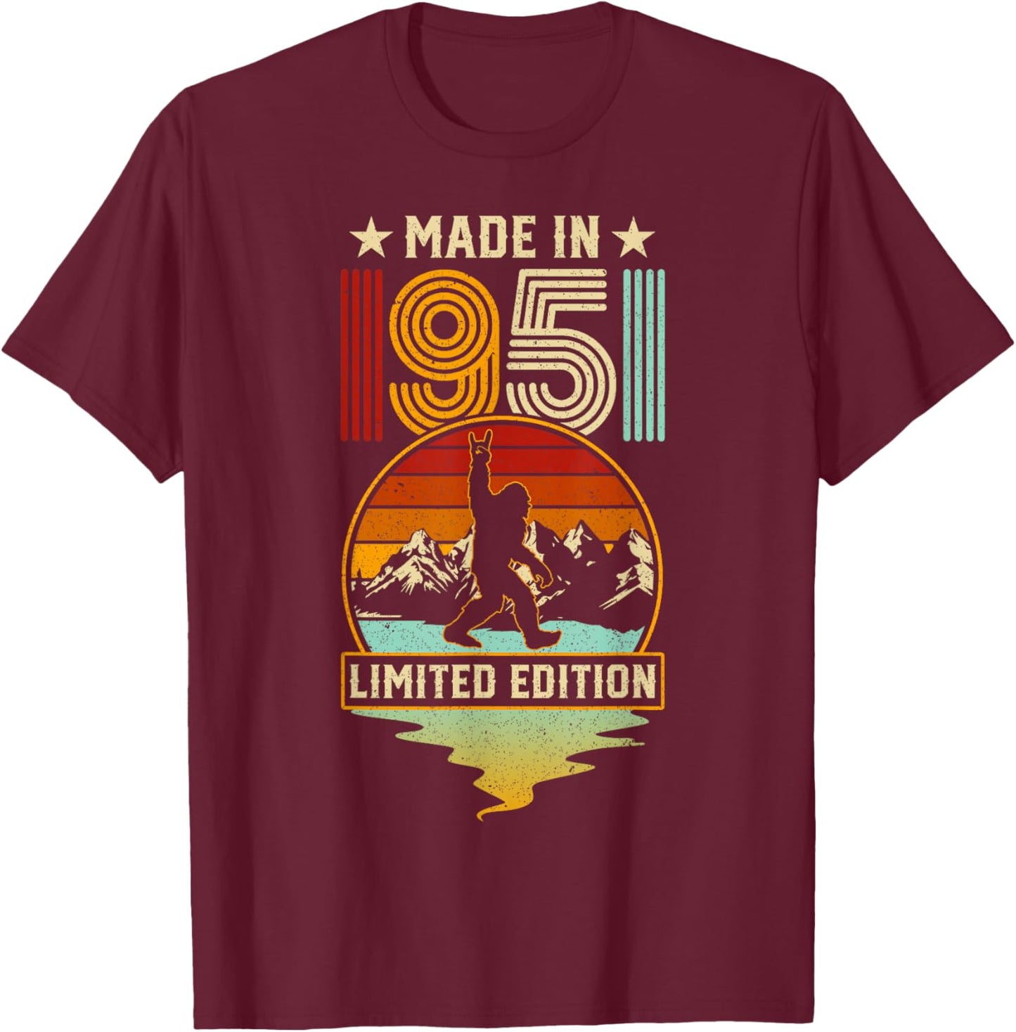 Retro 1951 75th Birthday Funny Bigfoot Adventure 75-Year-Old T-Shirt - T-Shirt | Maroon