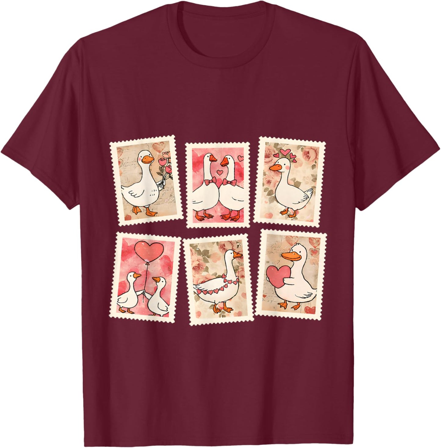 Vintage Valentine Goose XOXO Be Mine Love Stamps Silly Goose T-Shirt - T-Shirt | Maroon