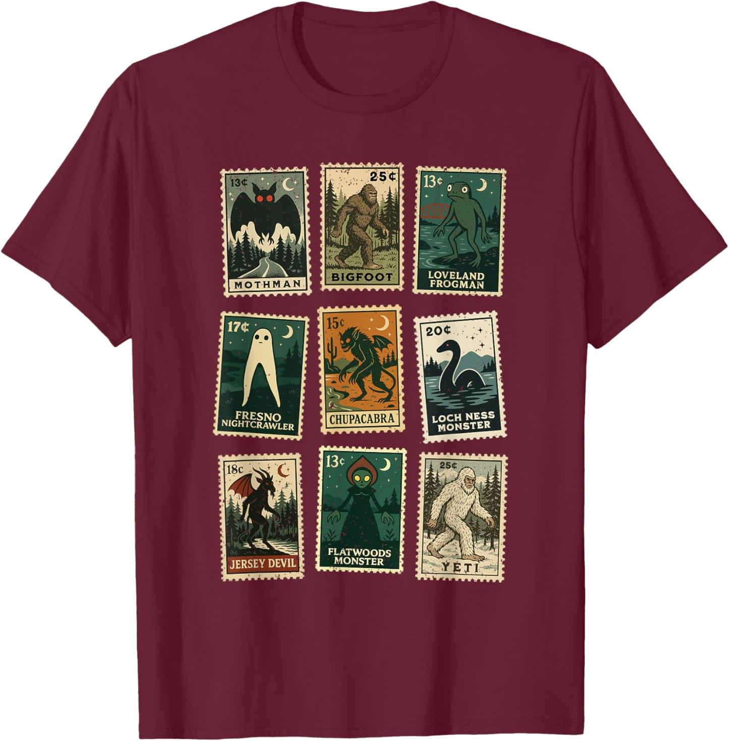 Cryptid Monster Stamps T-Shirt - T-Shirt | Maroon