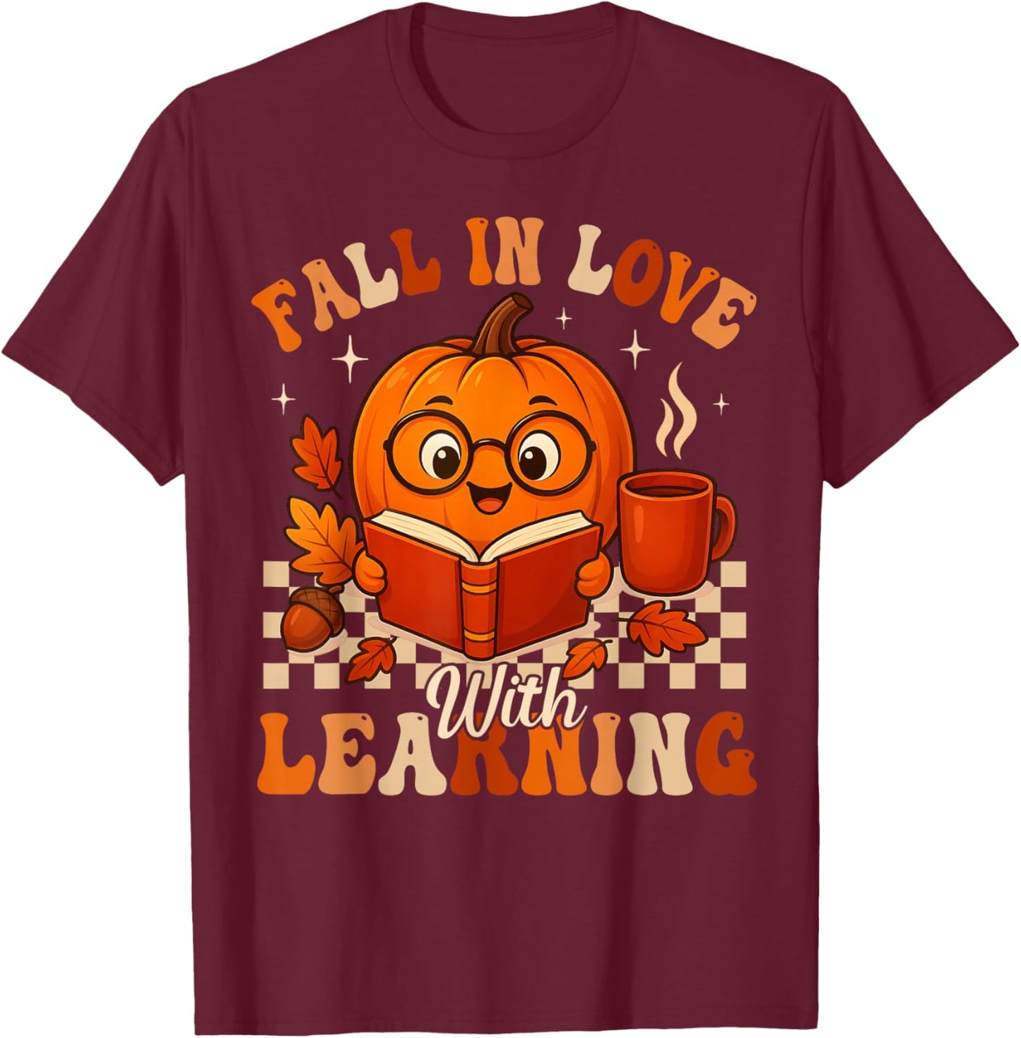 Fall in Love with Learning Pumpkin Book Autumn Halloween T-Shirt - T-Shirt | Maroon