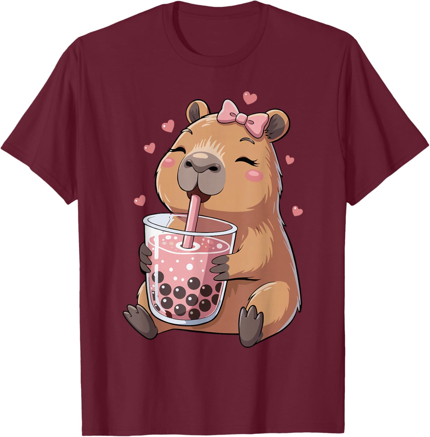 Cute Capybara Drinking Bubble Tea, for Girls, Capybara T-Shirt - T-Shirt | Maroon