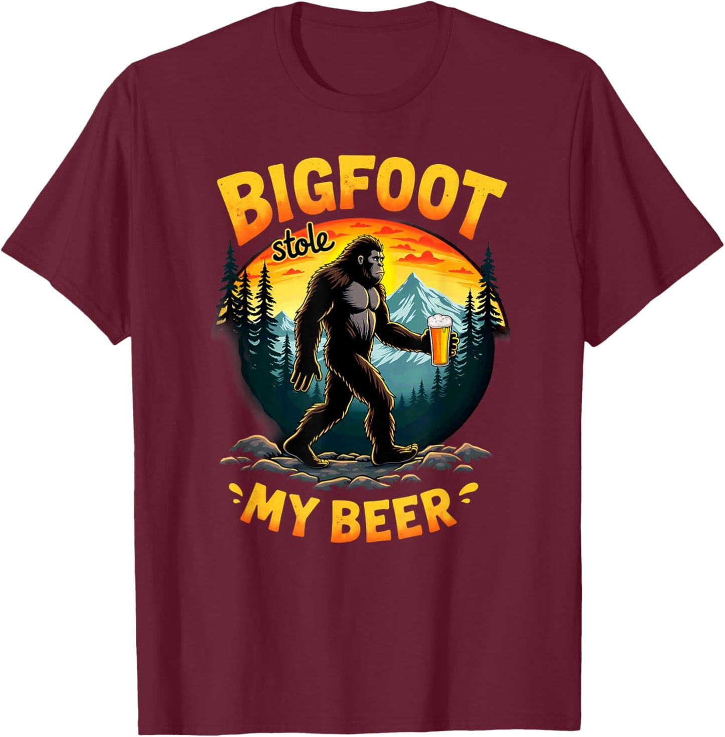 Humor Sasquatch Bigfoot Stole My Beer T-Shirt - T-Shirt | Maroon