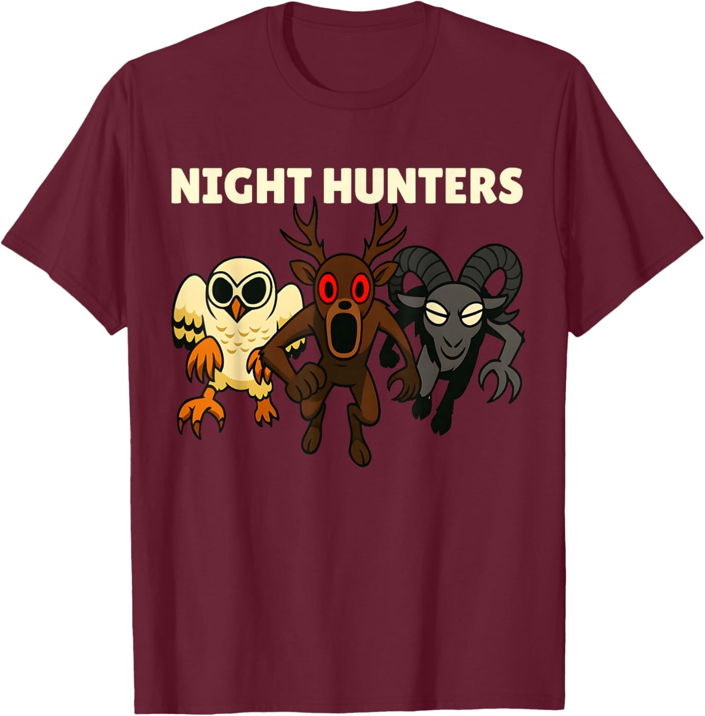 Night Hunters. 99 Nights Owl Deer Ram in The Forest. T-Shirt - T-Shirt | Maroon