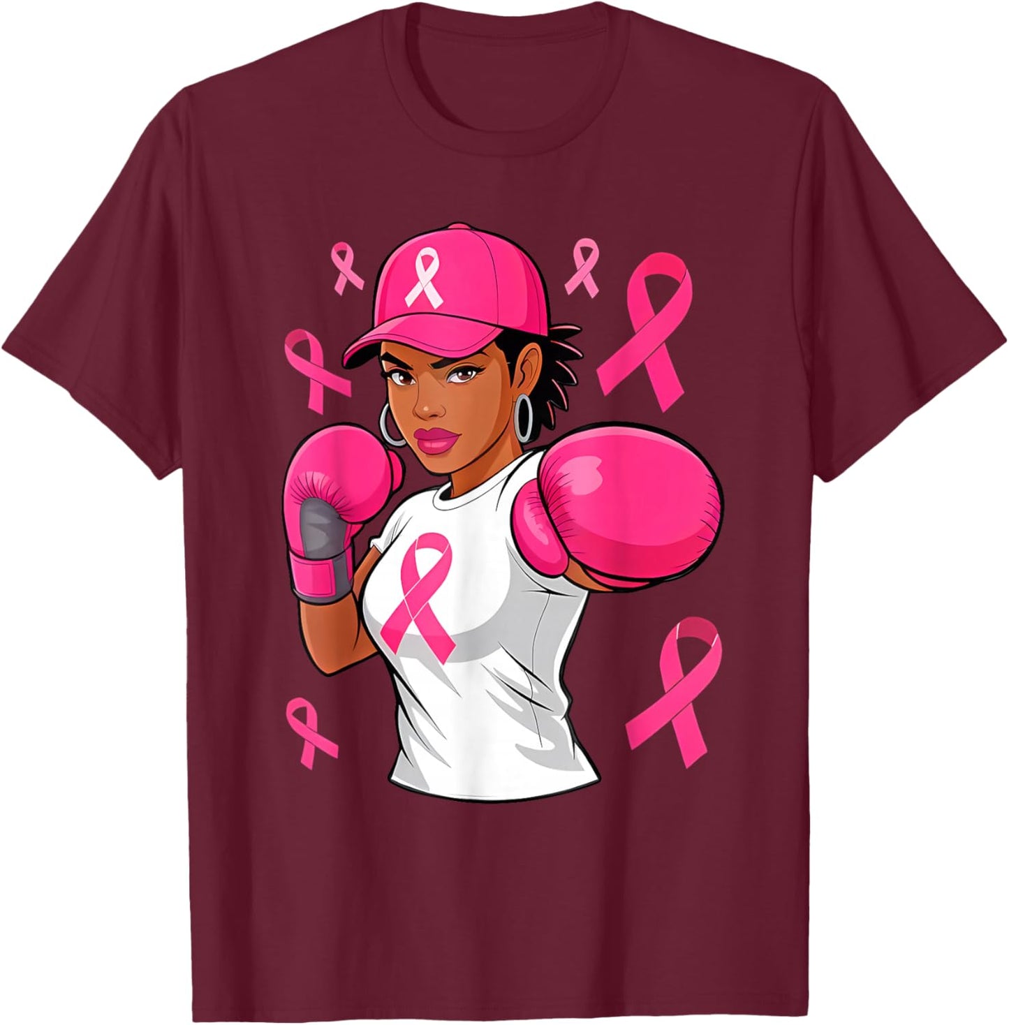 Women Black African American Fight Breast Cancer Pink Ribbon T-Shirt - T-Shirt | Maroon