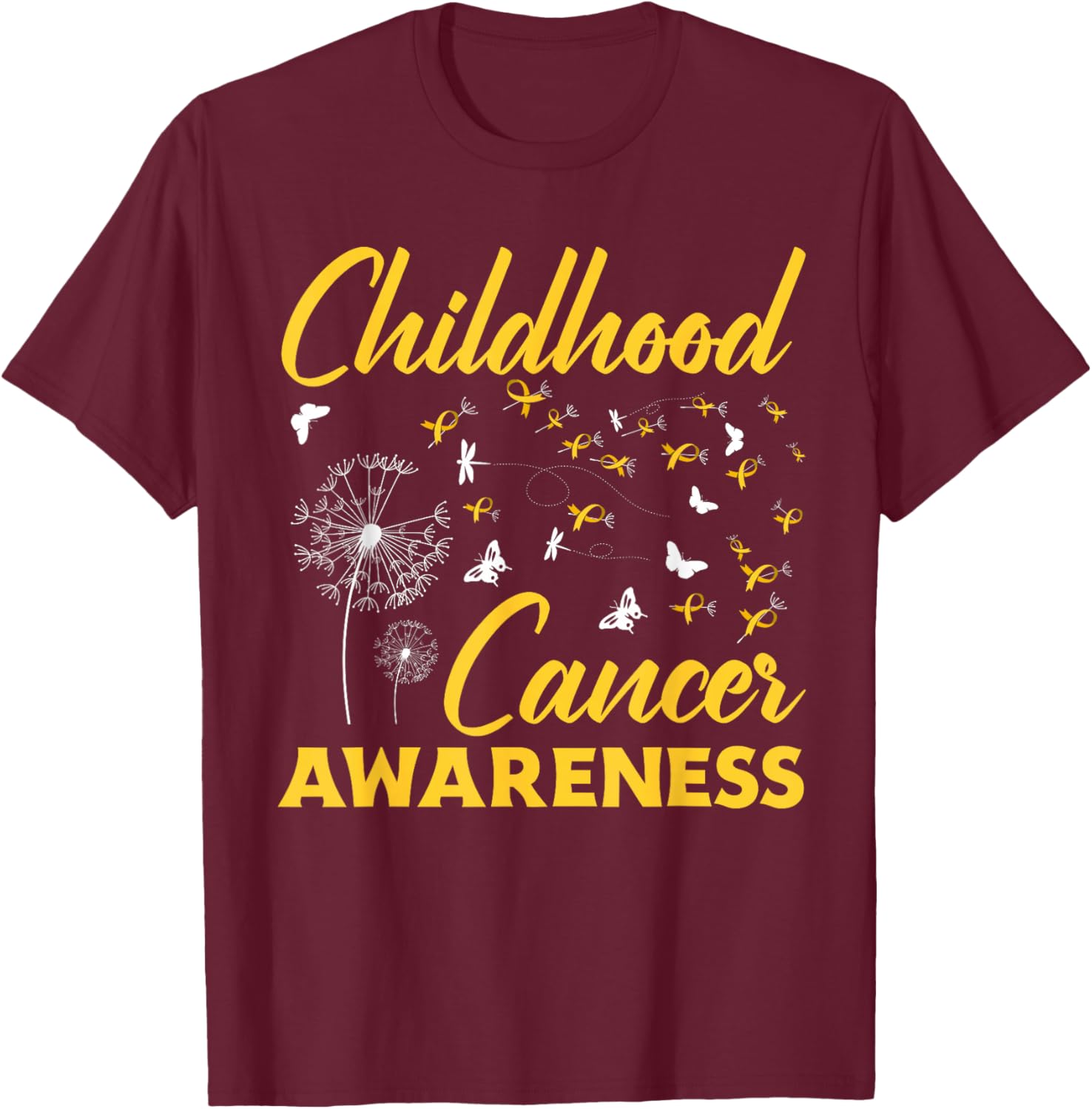 Childhood Cancer Dandelion Gold Ribbon Awareness T-Shirt - T-Shirt | Maroon