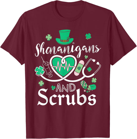 Shenanigans and Scrubs St Patricks Day Nurse Funny T-Shirt - T-Shirt | Maroon