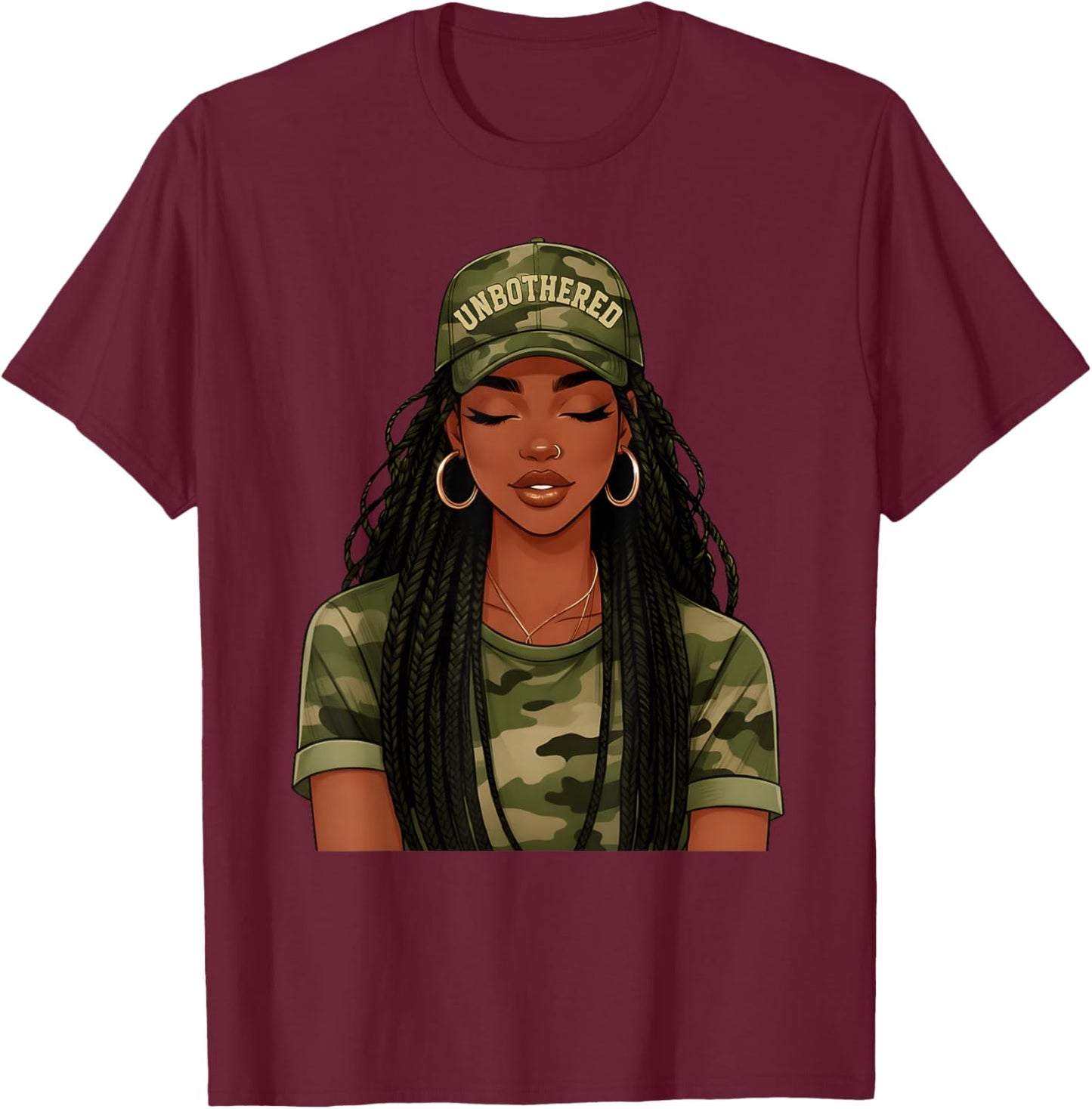 Black Woman Unbothered Locs Camo Girl Women Loc'd Afro Hair T-Shirt - T-Shirt | Maroon