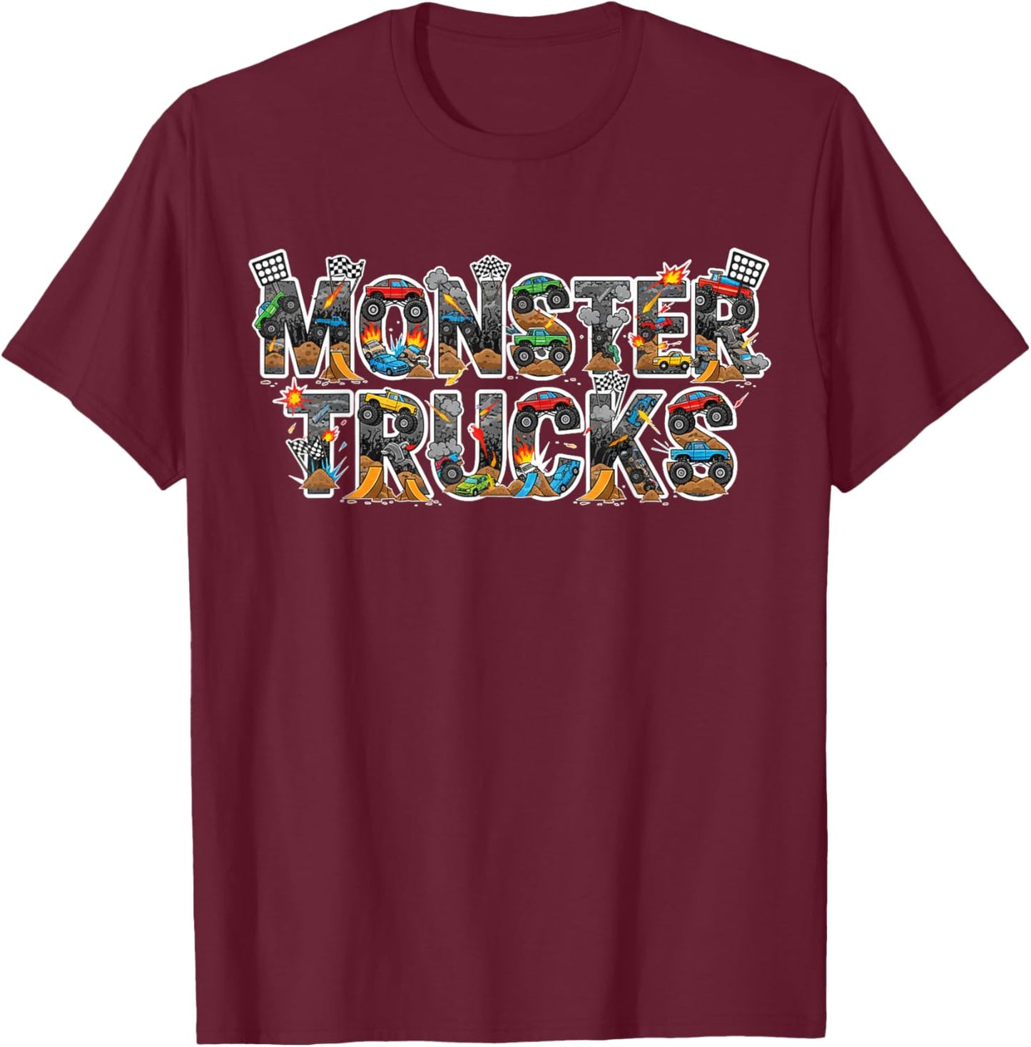 Monster Trucks Filled Text Design for Kids Boys T-Shirt - T-Shirt | Maroon