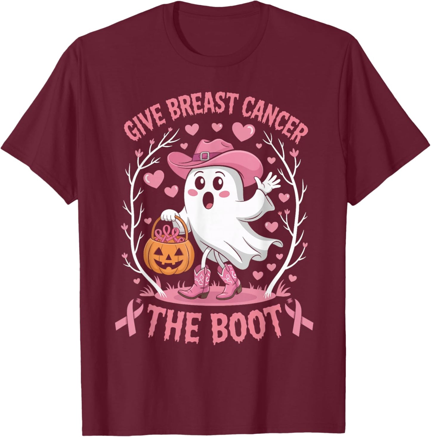 Give Breast Cancer The Boot Ghost Cowgirl Cancer Awareness T-Shirt - T-Shirt | Maroon