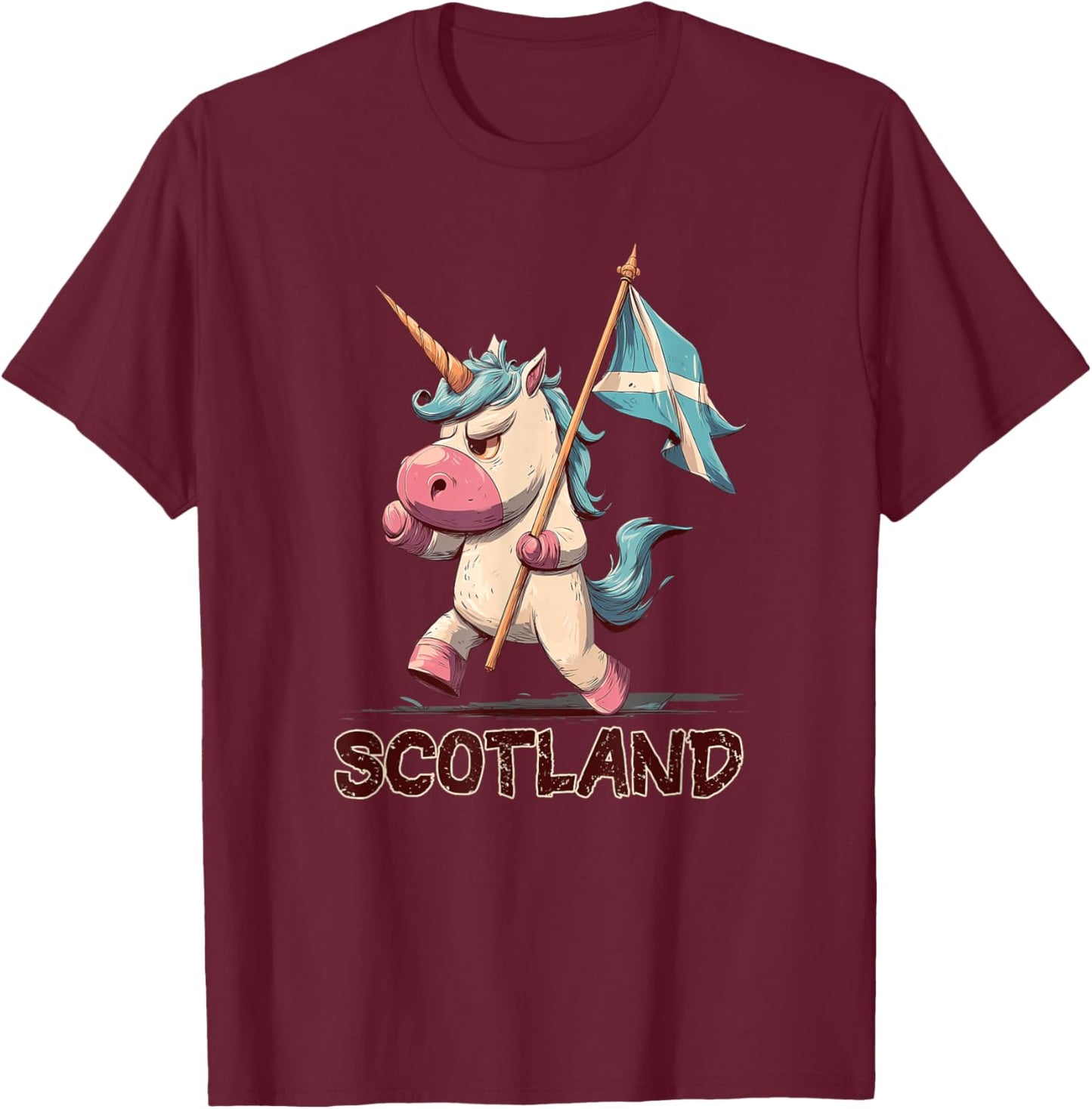 Grumpy Unicorn with Scottish Flag for Scotland Lovers T-Shirt - T-Shirt | Maroon