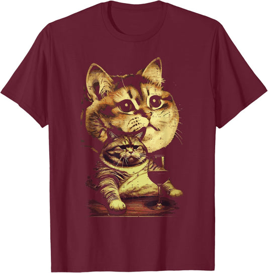 Tabby Cat Wine Glass Funny Meme Humor Animal Lover Women Men T-Shirt - T-Shirt | Maroon