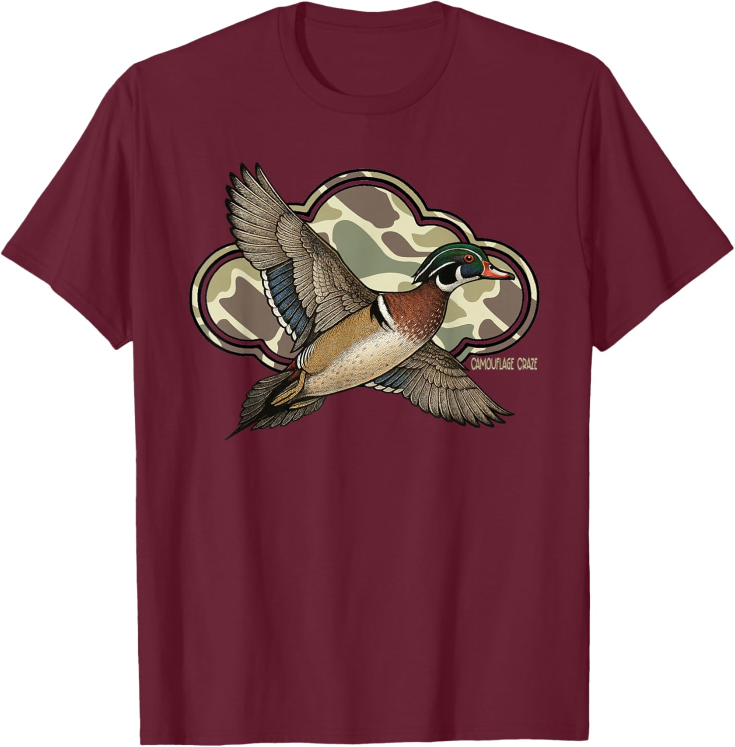 Wood Duck Camouflage Hunting Season Camo Flying Duck T-Shirt - T-Shirt | Maroon