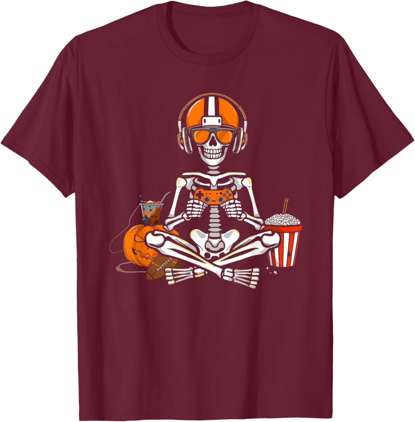 Skeleton Football Halloween Gamer Video Gaming Boys Men Kids T-Shirt - T-Shirt | Maroon