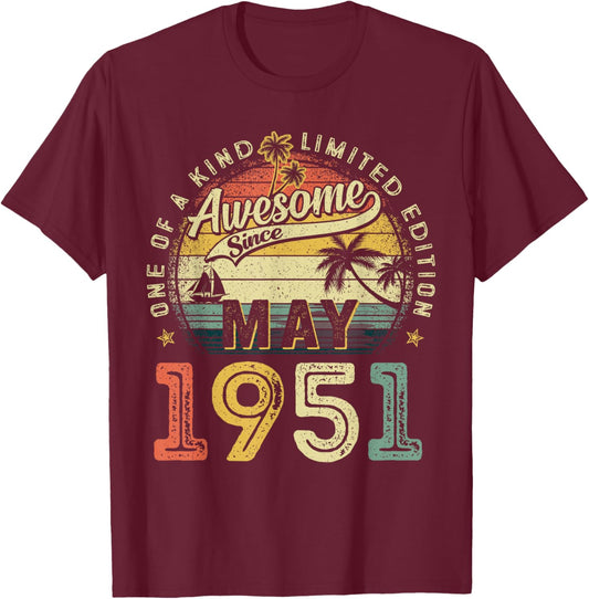 Awesome Since May 1951 Vintage Retro 75th Birthday Men Women T-Shirt - T-Shirt | Maroon