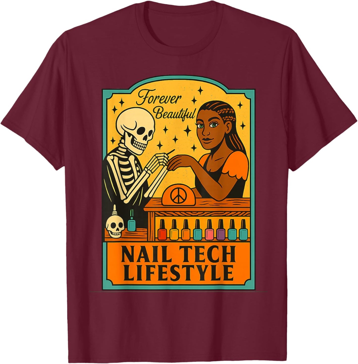Nail Tech Skull and Beautiful Model T-Shirt - T-Shirt | Maroon
