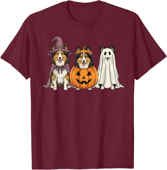 Spooky Ghost Shetland Sheepdog Pumpkin Halloween Dog Lover T-Shirt - T-Shirt | Maroon