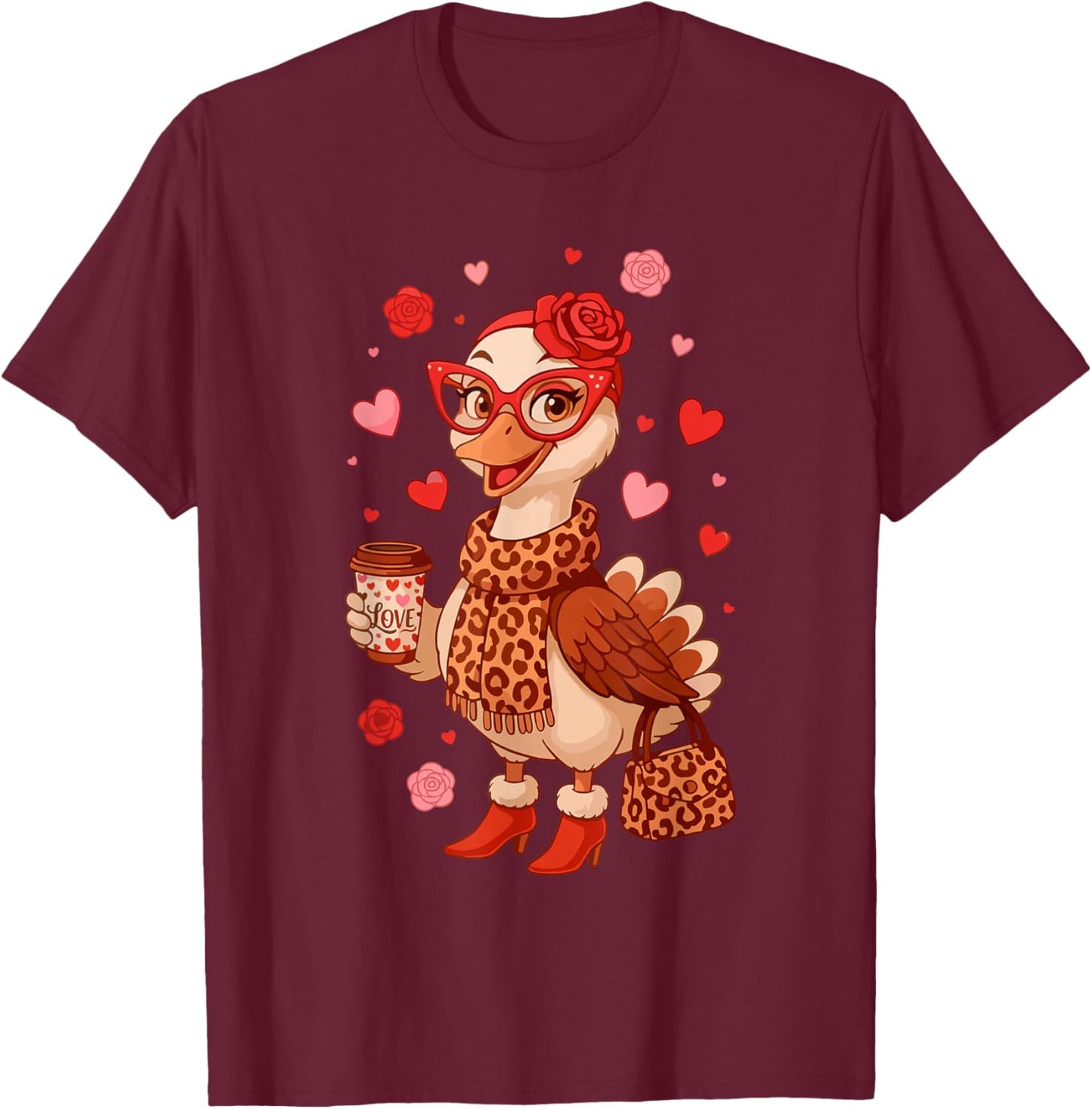 Valentine Goose Leopard Heart Retro T-Shirt - T-Shirt | Maroon