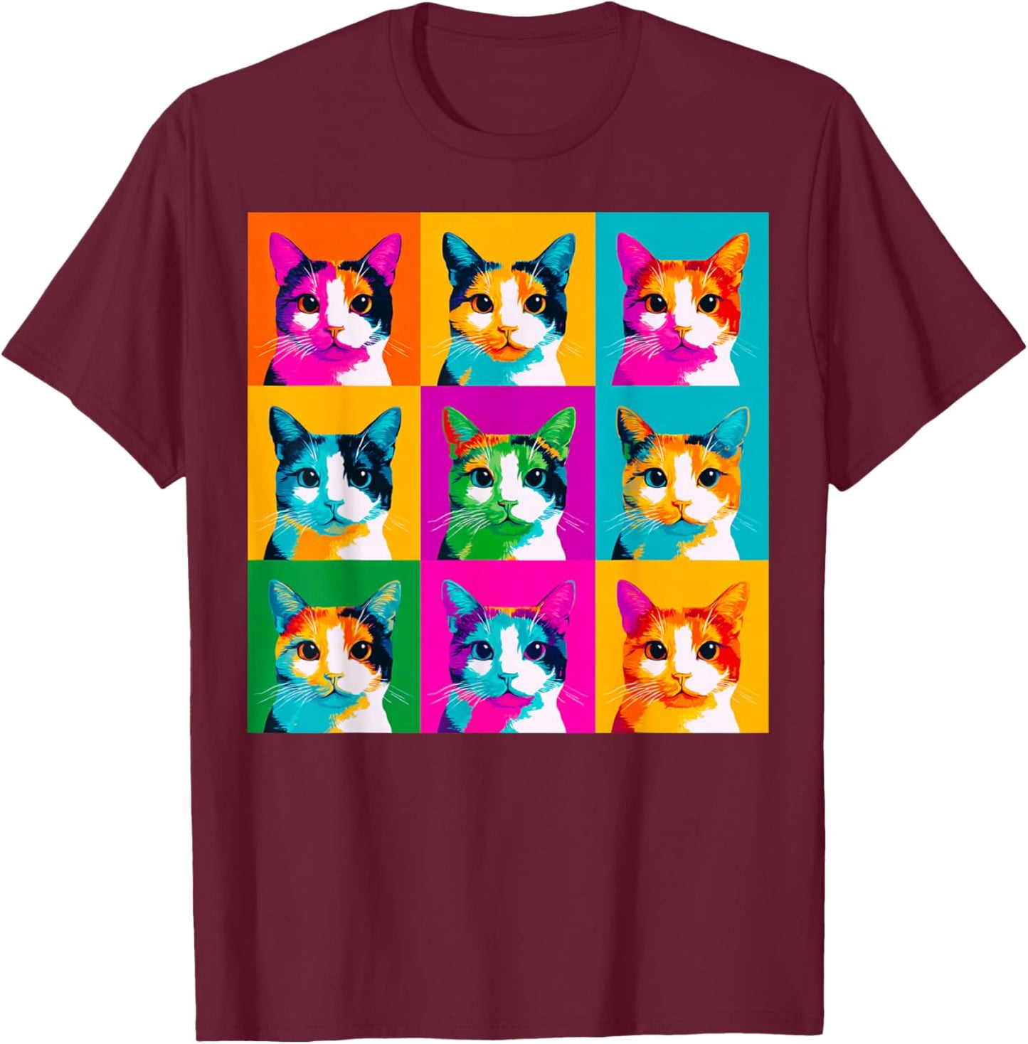 Calico Cat Pop Art Design with Vibrant Colors T-Shirt - T-Shirt | Maroon
