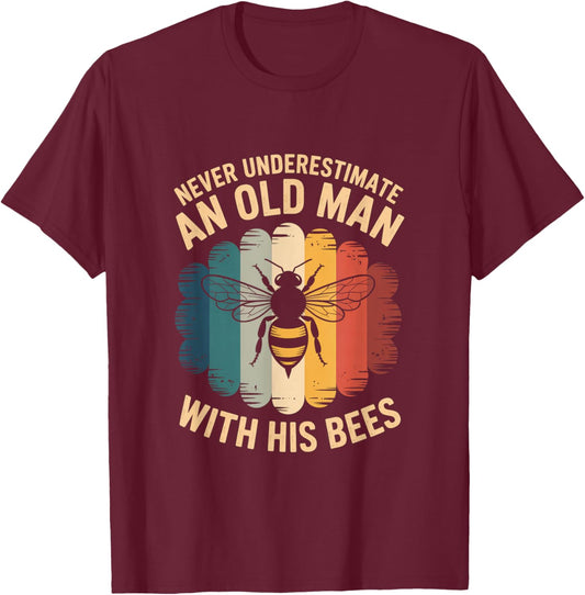 Never Underestimate an Old Man with His Bees Retro T-Shirt - T-Shirt | Maroon