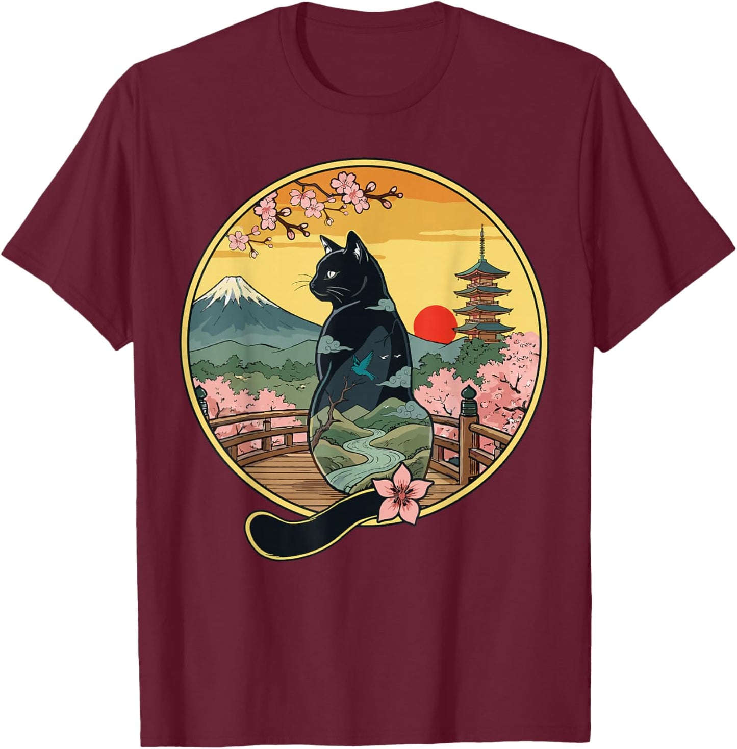 Japanese Cat Art Sakura Fuji Men Women Kids Funny Cat T-Shirt - T-Shirt | Maroon