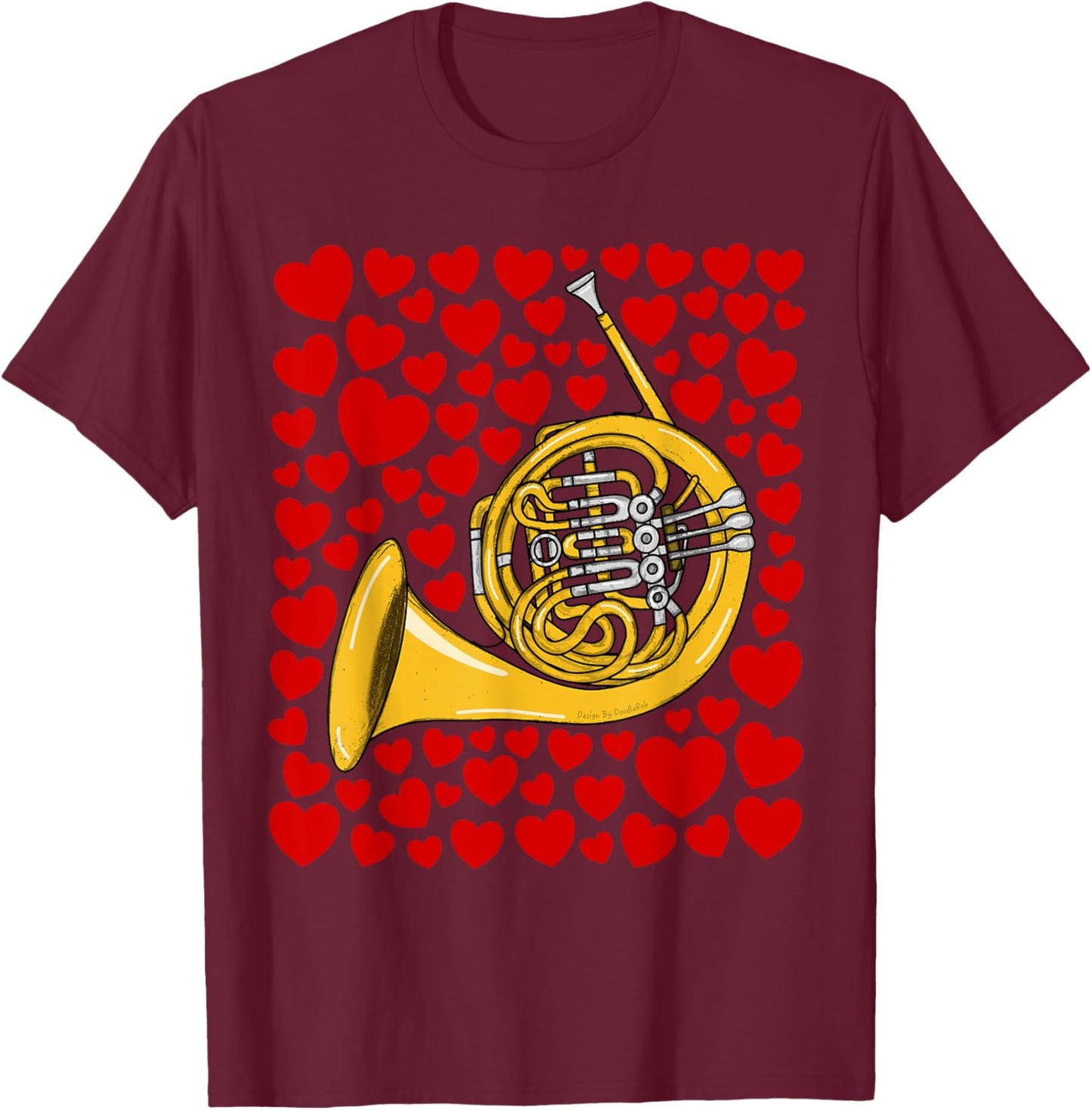 French Horn with Hearts, Valentines Wedding Brass Musician T-Shirt - T-Shirt | Maroon