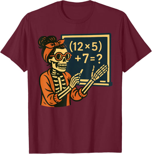 Halloween Teacher Six Seven Meme 6 7 Skeleton Spooky Costume T-Shirt - T-Shirt | Maroon