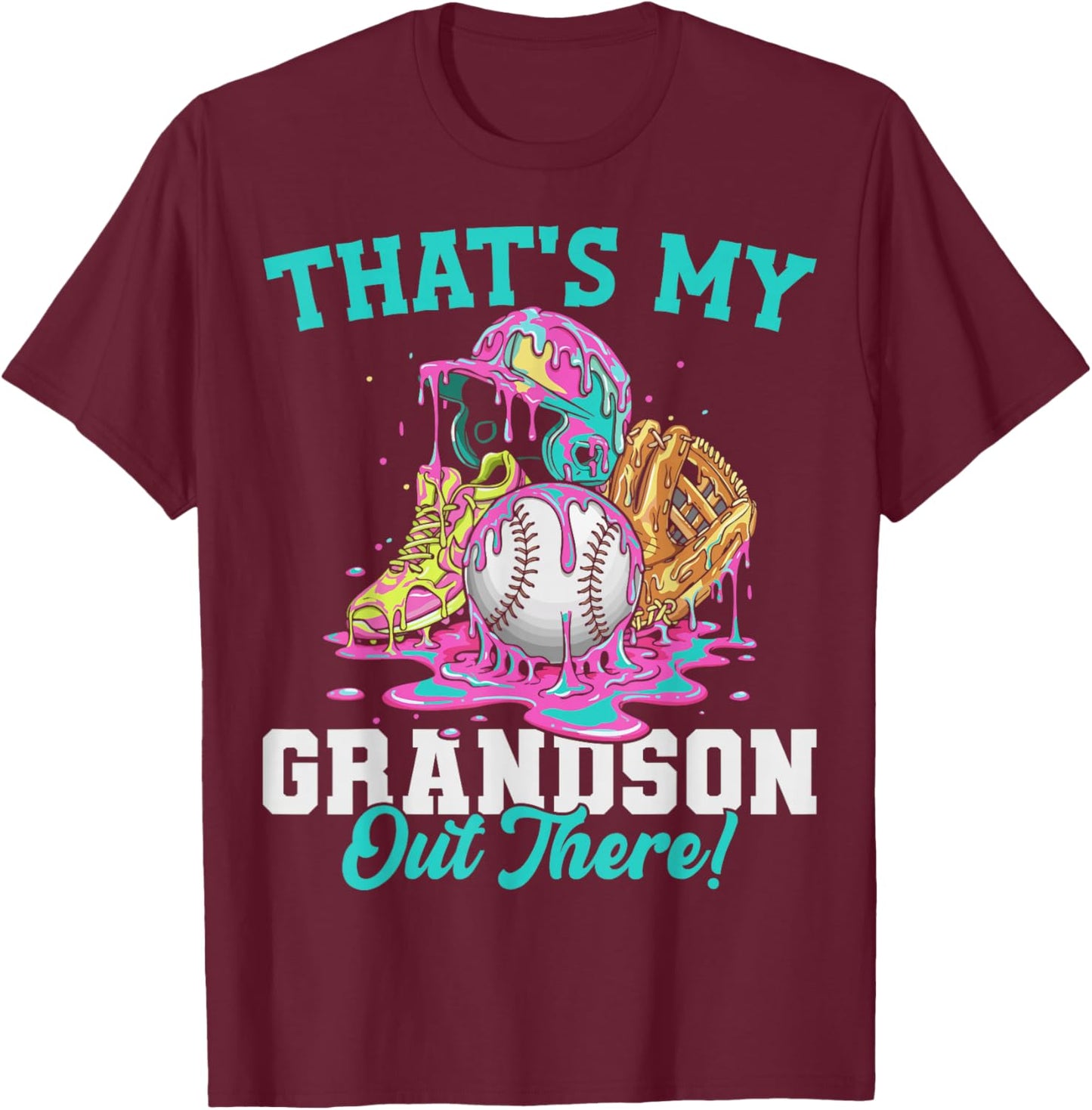 That's My Grandson Out There Baseball Cream Drip Crossed Bat T-Shirt - T-Shirt | Maroon