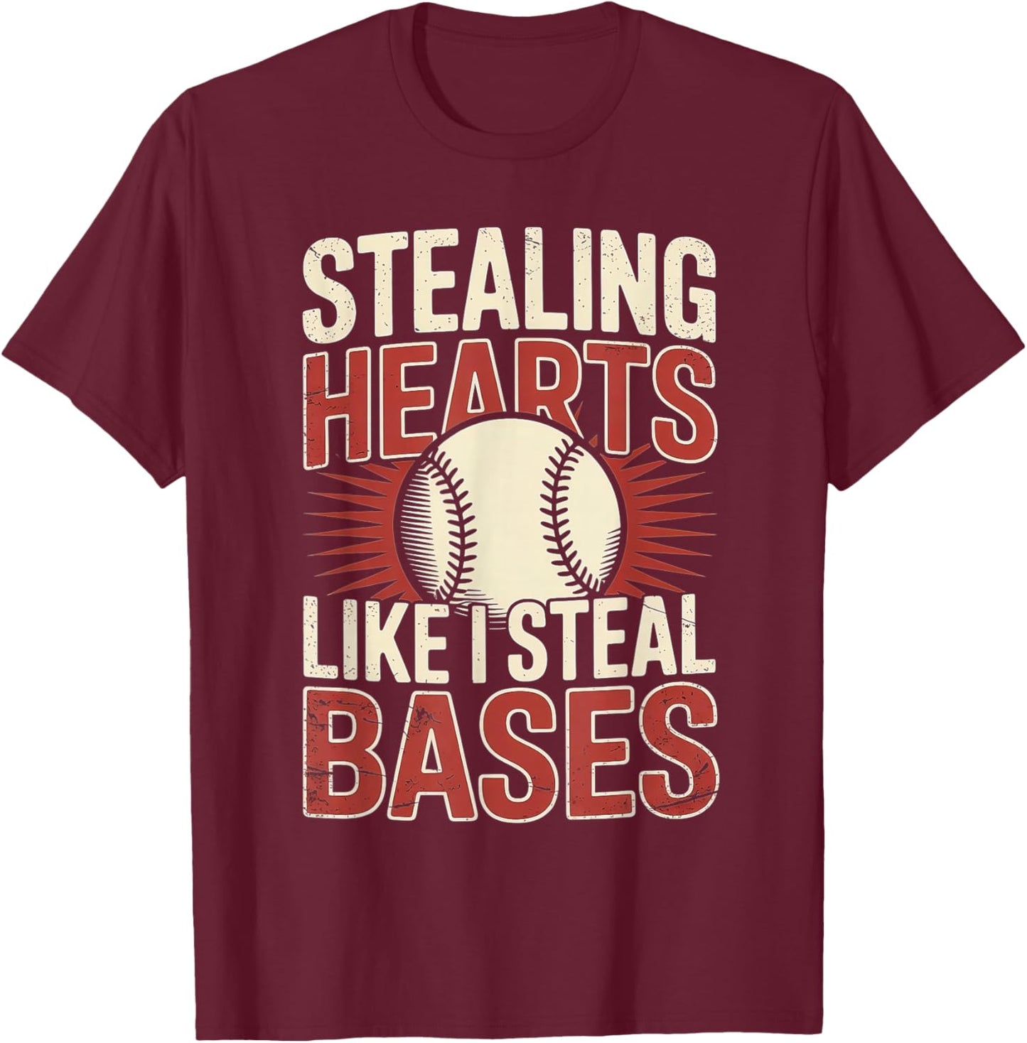 Stealing Hearts Like I Steal Bases Baseball Valentine Retro T-Shirt - T-Shirt | Maroon