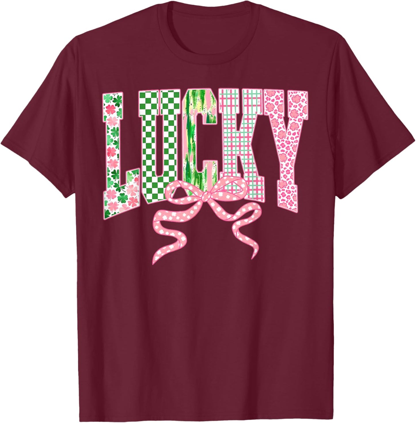 Retro Lucky Patricks Day Coquette Bow Shamrock Women Girls T-Shirt - T-Shirt | Maroon