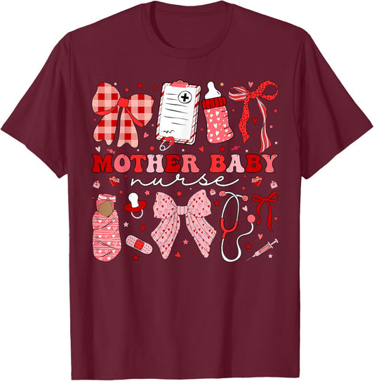 Postpartum Valentine Coquette Mother Baby Nurse Valentines T-Shirt - T-Shirt | Maroon