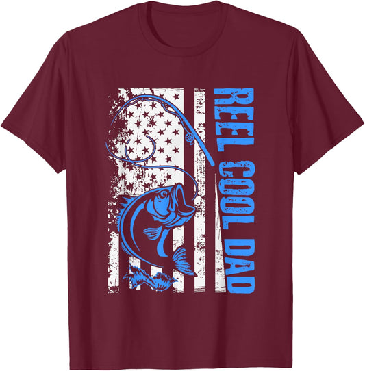 Reel Cool Dad Funny America USA Flag Bass Fishing Papa Daddy T-Shirt - T-Shirt | Maroon