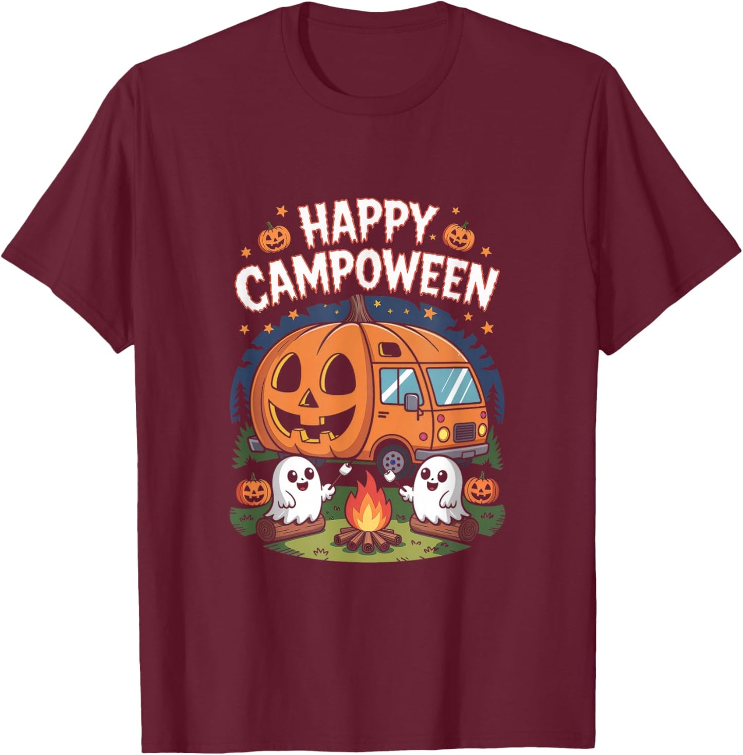 Happy Camp-O-Ween Halloween Camping Ghosts T-Shirt - T-Shirt | Maroon