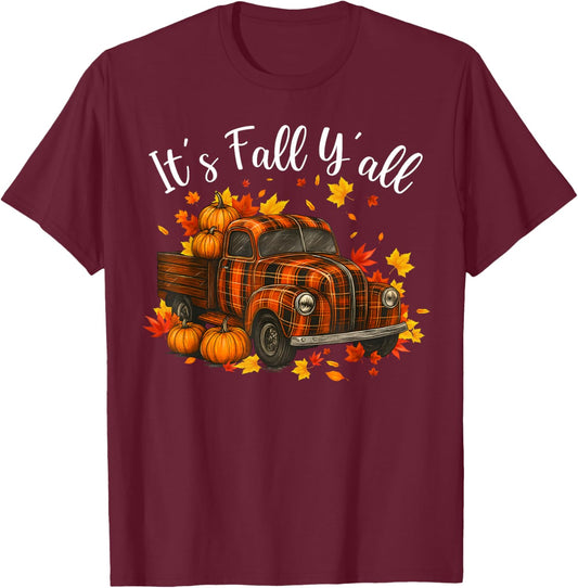 It's Fall Y'all Pumpkin Truck Autumn Tree Hello Fall T-Shirt - T-Shirt | Maroon