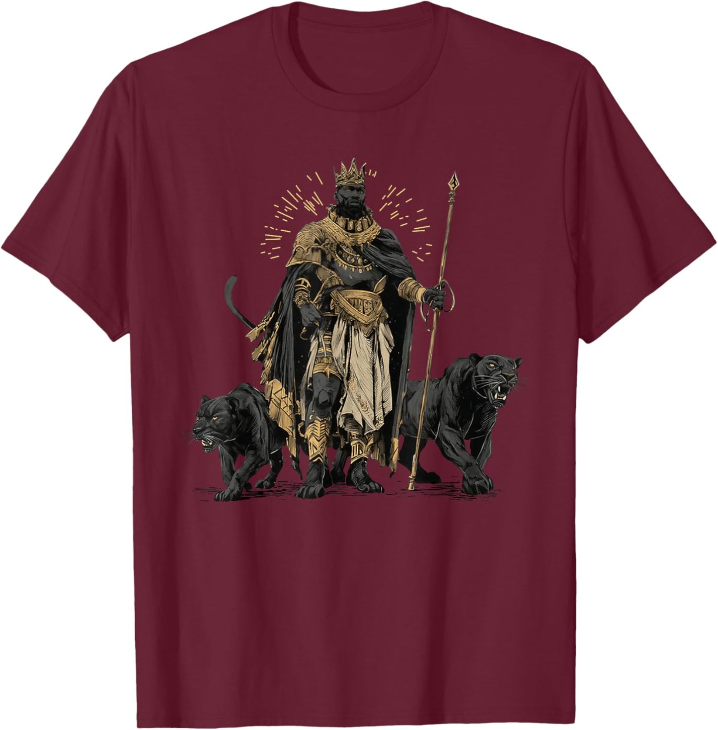 African King with Panther Guardian Fantasy Art T-Shirt - T-Shirt | Maroon