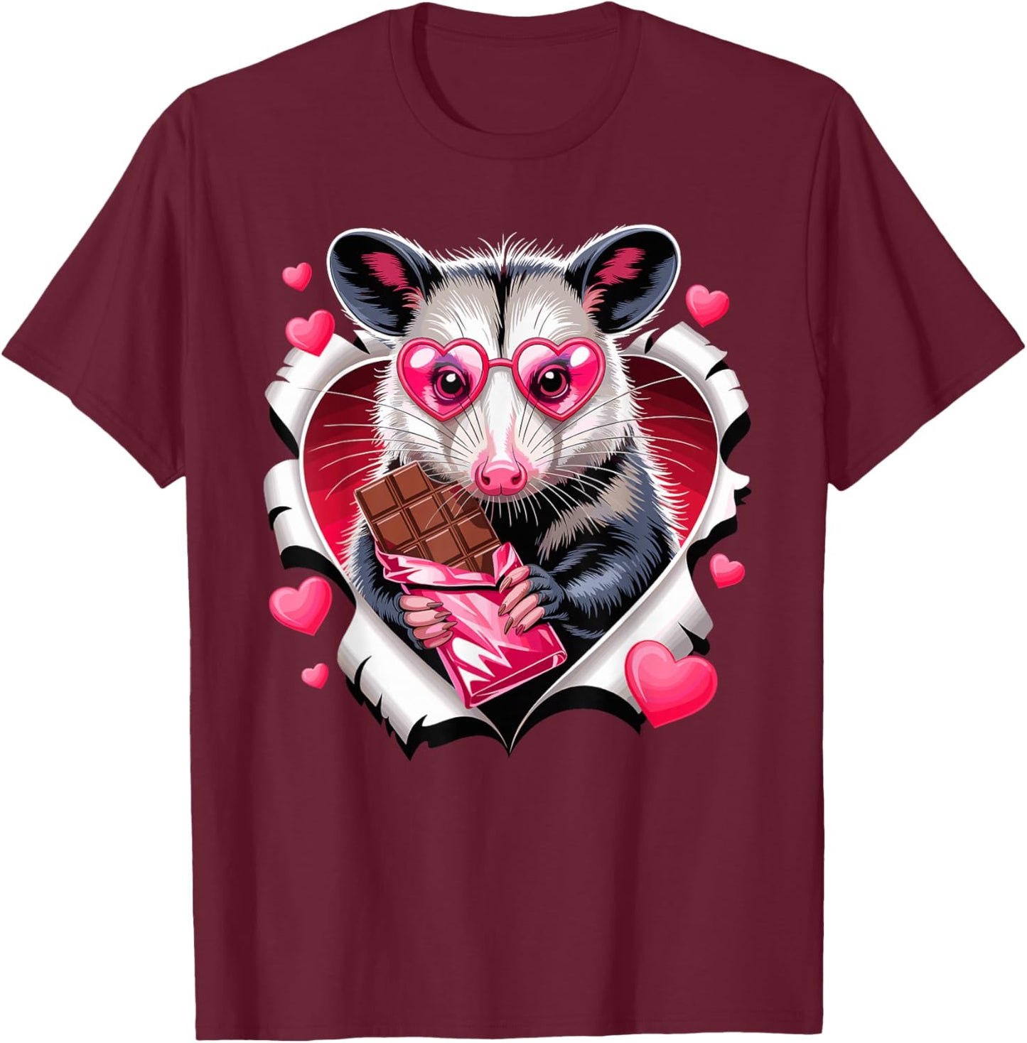 Valentine Hearts Opossum with Chocolate Bar T-Shirt - T-Shirt | Maroon