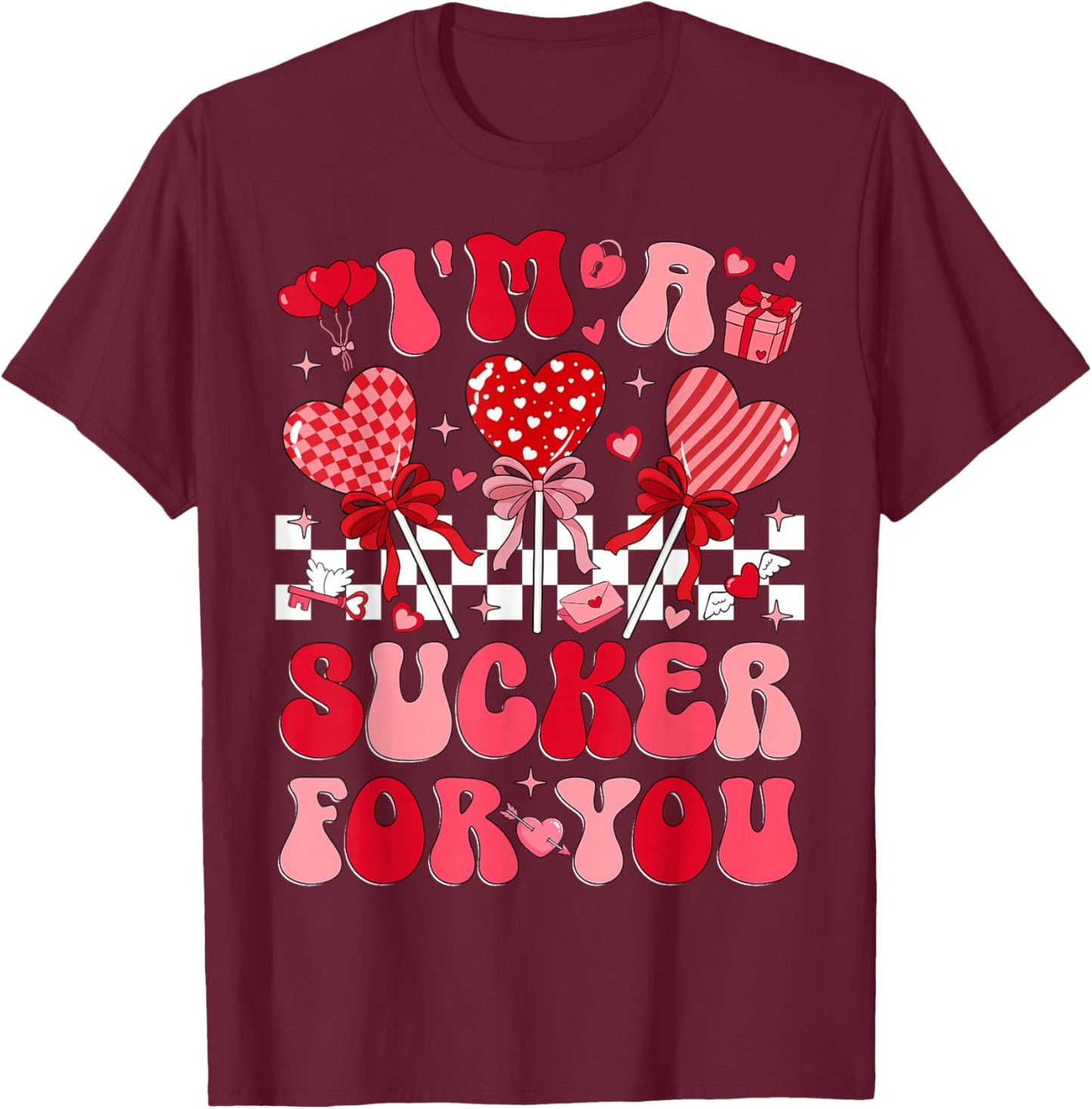 I'm A Sucker for You Retro Heart Candy Valentine Groovy Girl T-Shirt - T-Shirt | Maroon