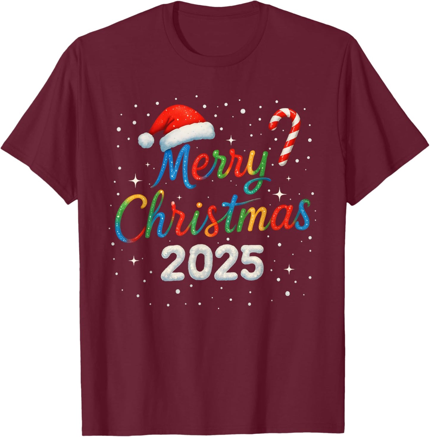 Merry Christmas 2025 Colorful Holiday Lights Family Matching T-Shirt - T-Shirt | Maroon