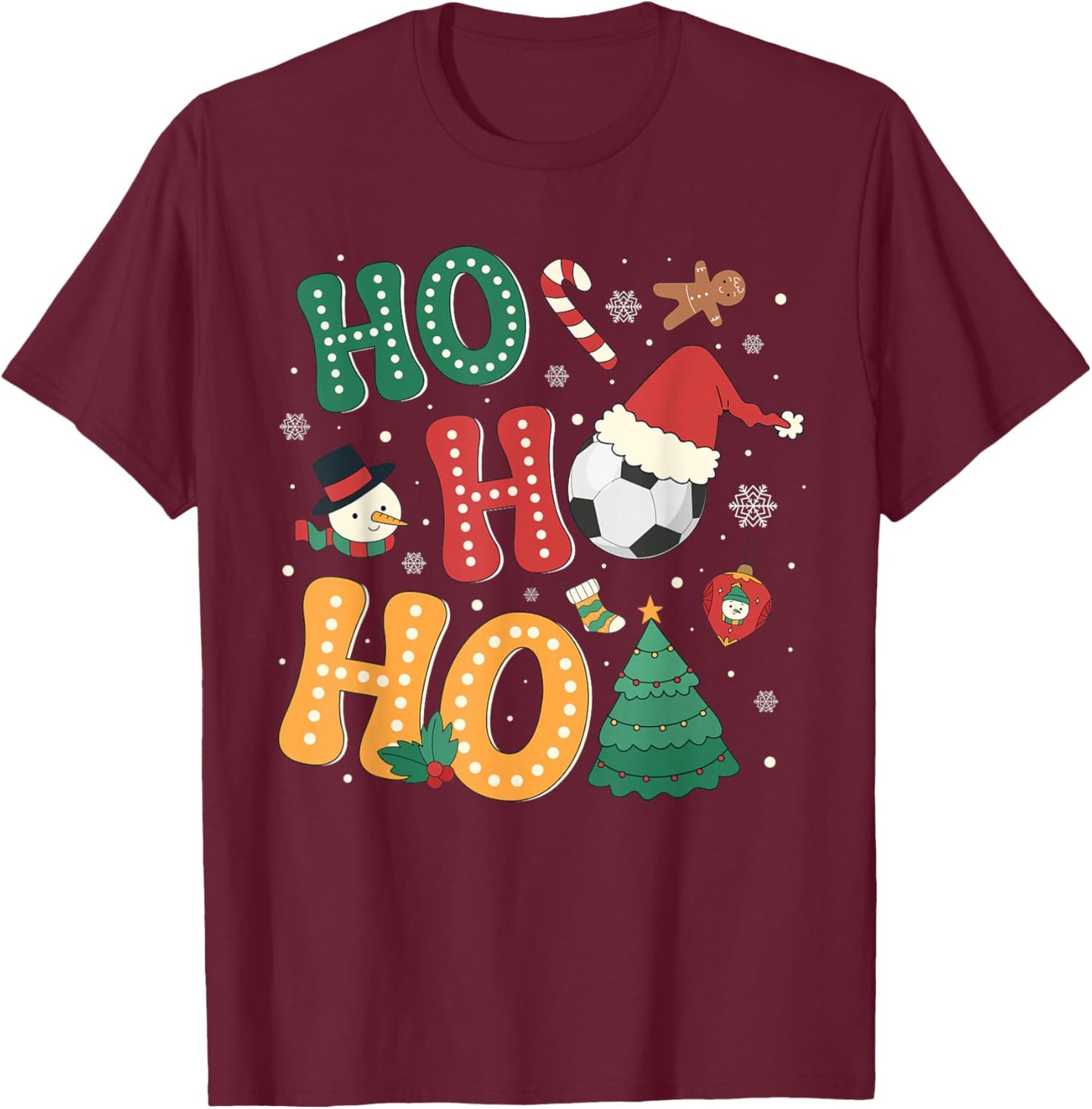 Ho Ho Ho Soccer Sport Balls Christmas Tree Lights Apparel T-Shirt - T-Shirt | Maroon