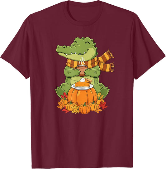 Funny Alligator Coffee Autumn Thanksgiving Kids T-Shirt - T-Shirt | Maroon